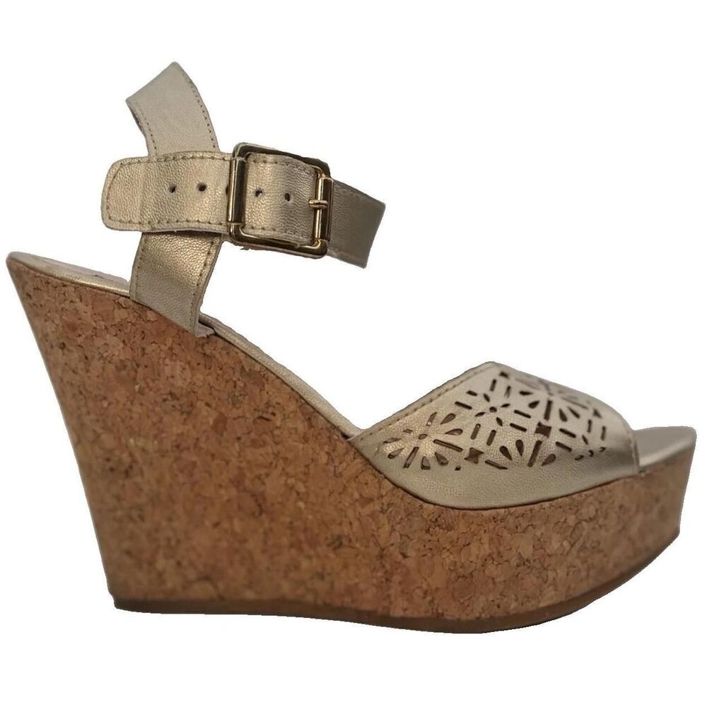 CKlass Gold Cork Wedge Platform Sandals Ankle Strap Cutout Women US 6 EU 36